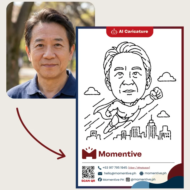 A guest's photo turning into a printed caricature on event-branded paper