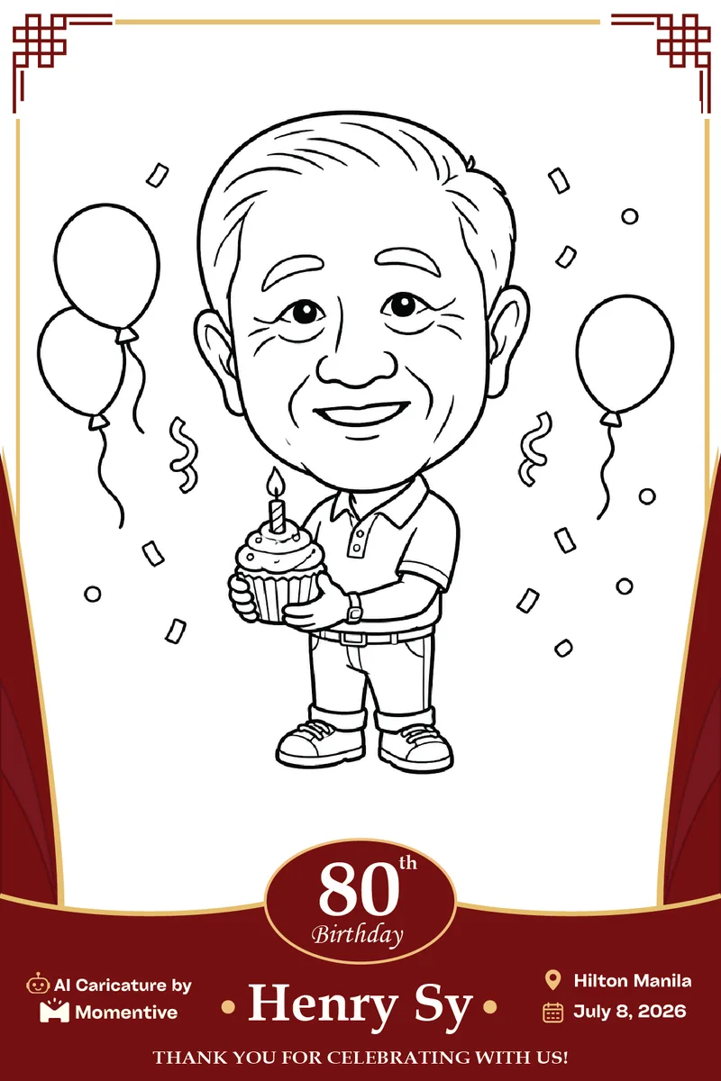 Birthday caricature print on party-themed paper