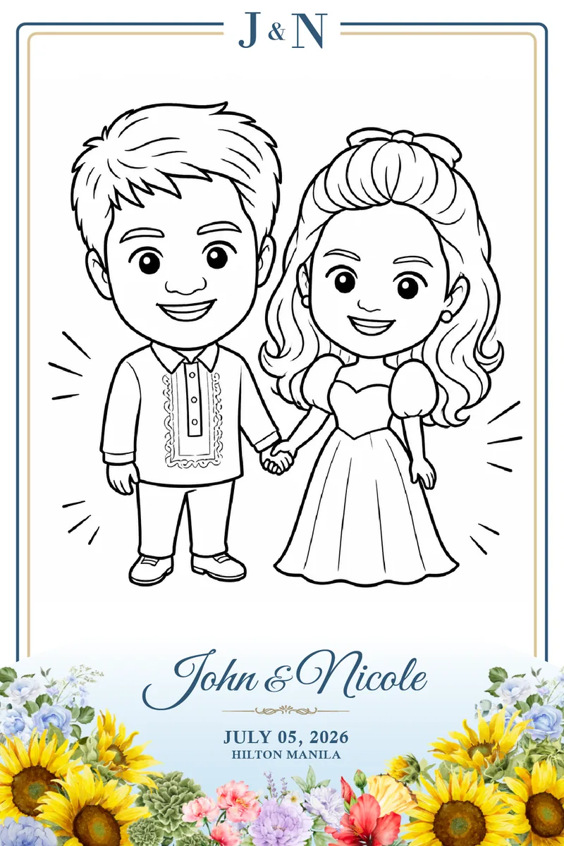 Wedding caricature print on wedding-themed paper